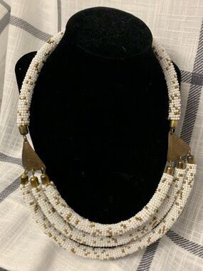 White and Gold Beaded Multi-Strand Necklace